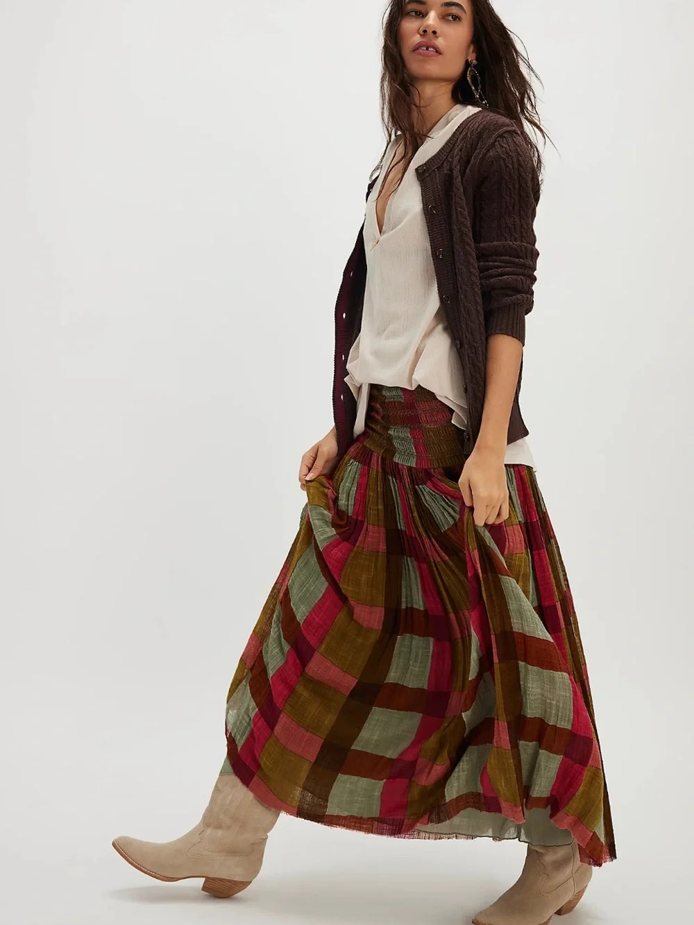 Free People Plaid Maxi Skirt in Olive, Raspberry & Sage - Picture 2 of 3